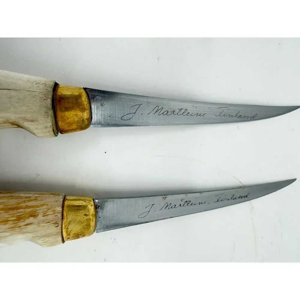 Vintage J Marttiini Finland Filet Knife Pair Birch Wood Handle Nordic 8.5